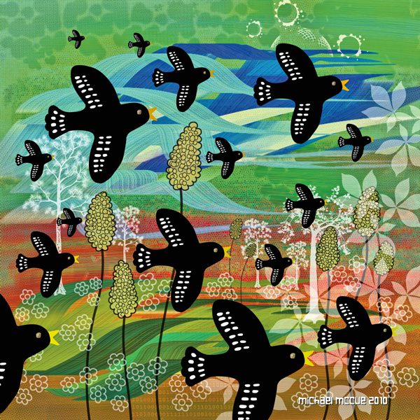 The is a painting of black brids flying on a windy day.