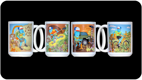 This is a photograph of a series of coffee cups, which feature paintings I made to illustrate outdoor recreation in the canyonlands region of the southwestern USA.