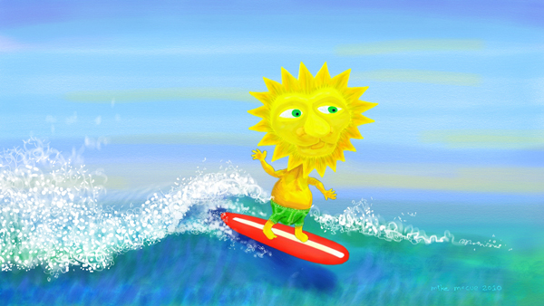 This is a painting of a surfing Sun King character.